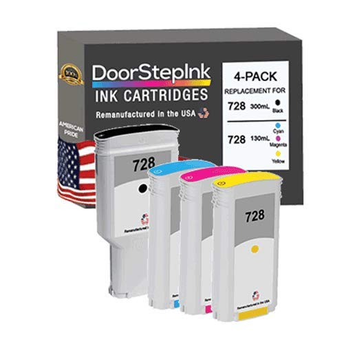 DoorStepInk Remanufactured in The USA Ink Cartridge Replacements for HP 728 300ml Matte Black, 130ml Cyan Magenta Yellow 4PK for Printers DesignJet T730 36-in T830 24-in T830 36-in