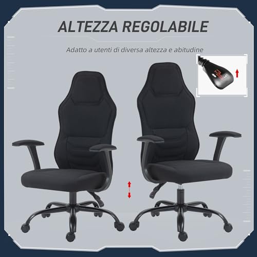 Sedia da Gaming Reclinabile con Supporto Lombare, Poltrona da Gaming con Altezza Regolabile e Seduta Girevole in Tessuto, Nero - Sedia gaming - Immagine 6