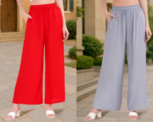 Image of Buy That Trendz Palazzo Pants for Women Rayon Elasticated Regular Fit Flared Wide Leg M to 6XL Pack of 2