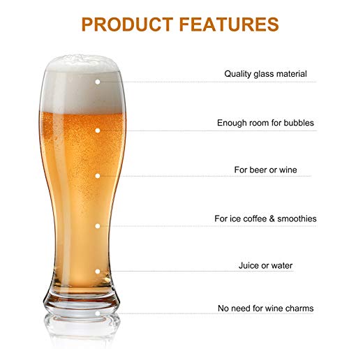 CUKBLESS Pilsner Glasses Set of 4 - Classics Beer glasses - Craft Wheat Beer Cup, Reusable, Dishwasher Safe, 25 oz