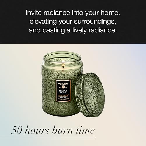 Image of Voluspa Temple Moss Glass Jar Candle, 5.5oz, Coconut Wax Blend, Scented Candles for Home, 50 Hour Burn Time, Handcrafted in the USA