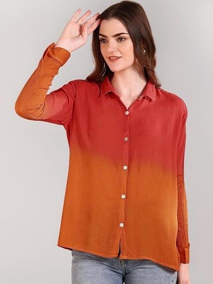 Image of Maaesa Women Handmade Ombre Tie & Dye Rayon Shirt | Relaxed Fit | Lightweight & Breathable | Long Sleeve Button-Down | Classic Collar | Casual & Office Wear