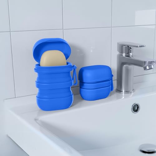 Estuche plegable para jabón de viaje con tapa, soporte de silicona para barra de jabón, contenedor portátil para ducha de gimnasio y camping, azul miniatura 1