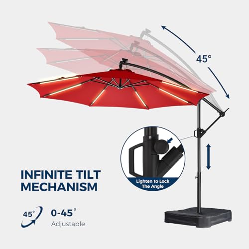 HOMSHADE 10ft Solar Lights Offset Cantilever Patio Umbrella with Light and Base, LED Lighted Offset Hanging Patio Outdoor Market Umbrella UPF50+ UV Protection with Easy Tilt and Crank, Red