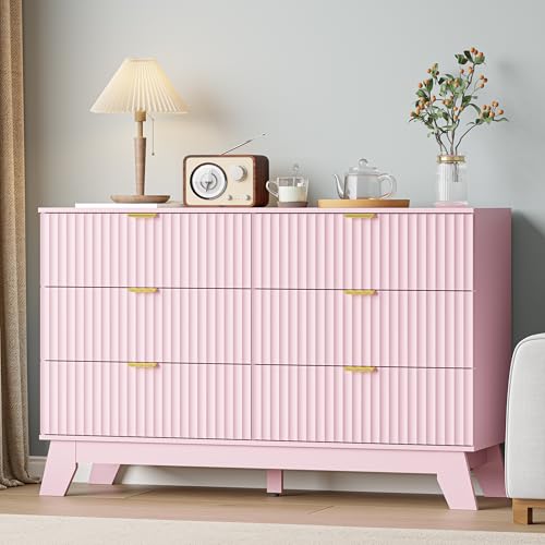 Image of Pink Dresser 6 Drawer Dresser for Bedroom, 47''W Fluted Wooden Dresser Storage Cabinet and Chest of Drawers with Metal Handle, Storage Organizer for Living Room, Hallway, Entryway