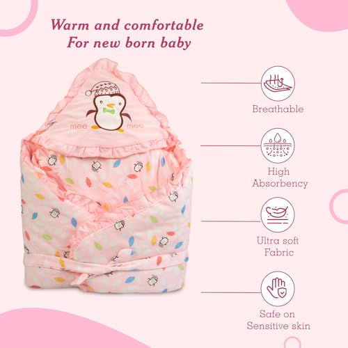 Image of Mee Mee Baby Wrapper Blanket with Hood (Light Pink) (396.0mm L X 61.0mm W)
