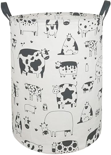 Image of Kids Laundry Hamper Clothes Gift Basket Storage Laundry Baskets Organizer Bin with Handles for Nursery Room (Cow)