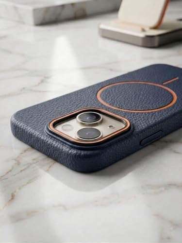Image of amazon basics Luxury MagSafe Compatible Leather Texture Back Cover for iPhone 13 | Raised Camera Protection | Slim Fit Shockproof Case with Metallic Accents (Dark Blue)