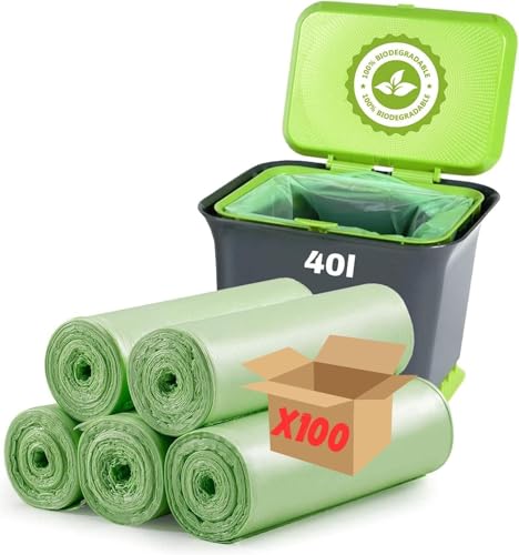 SANYGIENE Bolsa de Basura Compostable | Lote de 100 Bolsas de 40 L | Enlace Deslizante | Material Vegetal | OK Compost Home | Reciclable, Incinable y Compostable