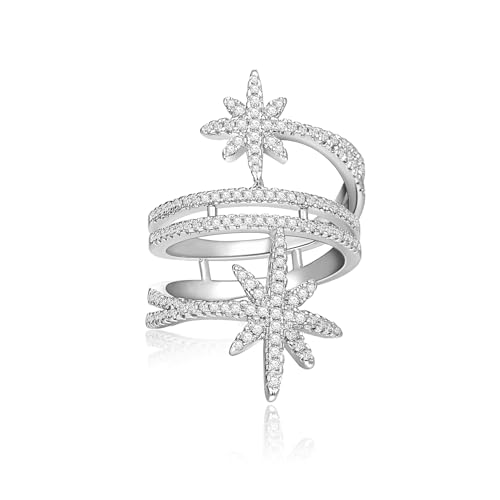 EVER FAITH Fashion North Star Statement Ring Dainty Cubic Zirconia Promise Engagement Snowflakes Rings for Women Delicate Finger Jewelry for Holiday Party
