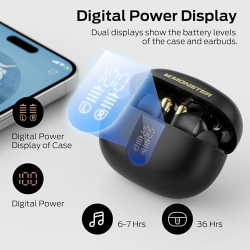 undefined Monster N-Lite 211 Wireless Earbuds, Bluetooth 6.0 Stereo Headphones with Noise-Cancelling Mic and LED Display, Built-in Mic for Clear Calls, Waterproof Design for Sports の商品画像 4