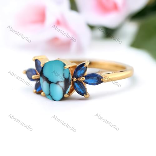 Blue Turquoise And Sapphire Gemstone Ring Cluster Gemstone Engagement Ring Oval natural Gemstone Handmade Ring Wedding Bridal Ring Custom Jewelry Gift For Her BY ABEST JEWELRY4