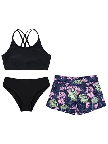 Kids Girls 3 Pieces Sleeveless Solid Color Tankini Swimsuit Crop Top and Briefs with Printed Swim Trunks3