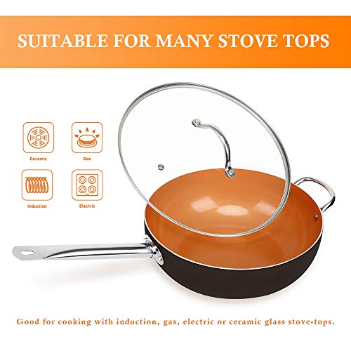 SHINEURI Copper 12 Inch Frying Pan, Wok and Stir Fry Pans with Lid, Nonstick Ceramic Copper Skillet with Stainless Steel Handle, Saute Pan for Cooking Saute Vegetables, Steaks, Induction Compatible