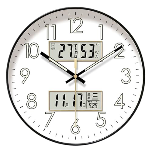 壁掛け時計 サイレント、カチカチ音を立てない壁掛け時計 - 壁 掛け 暗闇で光るラウンド掛け - 温度と湿度ナイトライト 、大型デジタルディスプレイ家の装飾、リビングルーム、キッチン、オフィス用