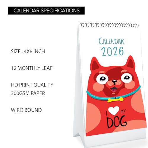 Image of PAPER PLANE DESIGN 2026 Table Calendar - Cute Dog Theme Desk Calendar | 4x8 Inch Spiral Stand for Pet Lovers, Home, Study Table & Office Decor