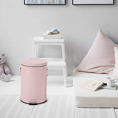 Image of Bathroom Trash Can with Lid, Small Trash Can Wastebasket for Home Bedroom with Lid, Round Waste Bin Soft Close, Retro Vintage Garbage Metal Cans for Office, 5 Liter / 1.3 Gallon, Glossy Pink