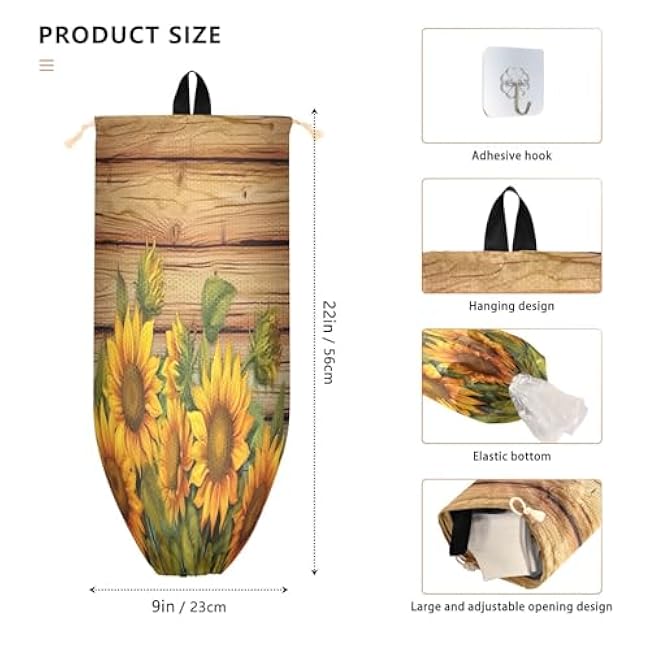 2 Pcs Wood Grain Sunflower Plastic Bag Holder Wall Mount Garbage Plastic Bag Organizer Kitchen Grocery Bag Storage Dispenser Home Decor