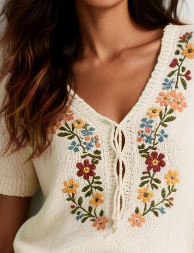 Mywinway Embroidered Knit Sweaters for Women Spring Summer V Neck Short Sleeve Crochet Pullover Knitted Blouses Tops3