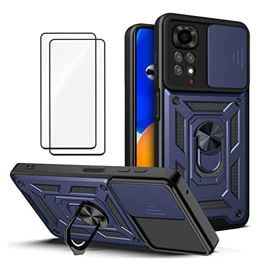 Capa para Xiaomi Poco M4 Pro 4G - com 2 películas temperadas, proteção para a câmera e suporte de metal para o telefone - Azul