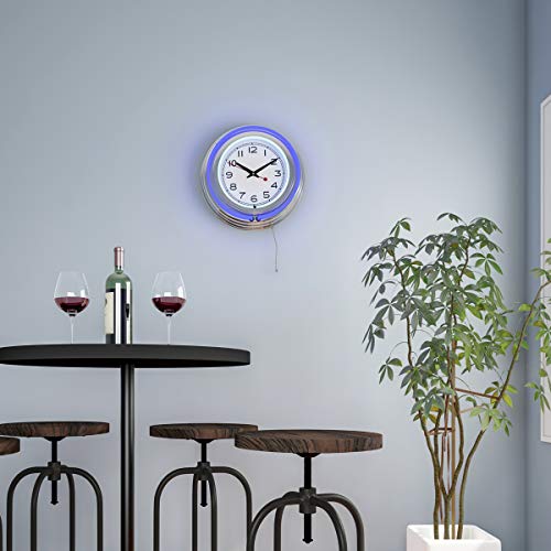 Lavish Home Retro Neon Wall Clock - Battery Operated Wall Clock Vintage Bar Garage Kitchen Game Room – 14 Inch Round Analog (Blue And White) #TOP4