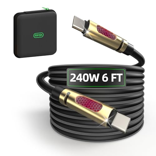 Image of MFish 240W USB-C to USB-C Cable (PD 3.1 EPR), 480Mbps Speed, Fast Charging Type C Cable for MacBook Pro /Air, iPhone 17 /16 Pro, Galaxy S25 /S24, Laptops, iPad, Durable Silicone, 6FT Black