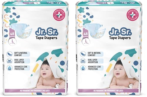 Image of Jr. Sr. Baby Tape Style Diaper | Adjustable Fit for Babies | Large (L) Size (9-14 kg), 48 Count | Pack of 2 | Upto 12 hr Absorption with Advanced Leak Protection | Soft & Comfy