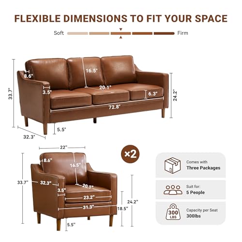 Image of Kingfun Couch Sets for Living Room, 3 Seater Couch and Armchair Set of 2, Mid Century Modern Sofa Chair Faux Leather Couch with Solid Wood Frame for Bedroom