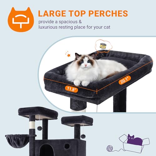 Image of Allewie 81 Inches Tall Cat Tree /Multi-Level Large Climbing Tree House and Towers for Big Feline /Condo and Hammock /Scratching Post /Wide Base /Dark Grey