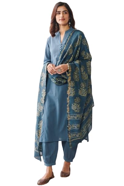 Women's Teal Blue Kurta Salwar Set with Floral Block Print Dupatta Cotton Straight Kurta with Pant 3 Piece Ethnic Suit Set for Women-picture-52