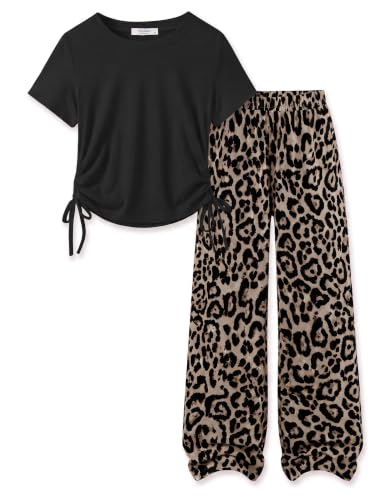 Image of Arshiner Girls 2 Piece Outfit Ruched Drawstring Tops and Wide Leg Pants Set