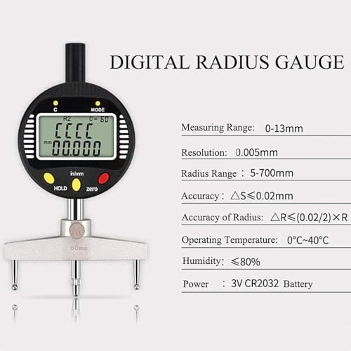 Hochpräzise Digitale Radiuslehre, Radiusanzeiger, Messbereich 0–12,7 mm, mit 5 Messbacken, elektronische Innen- und Außenradiuslehre für mechanische Teile