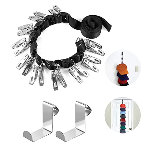 QoeCycth Hutablage für Baseballkappen, 20 Clips für bis zu 20 Kappen, 1 x Gurt-Kappen-Organizer-Aufhänger für die Tür, Wand Cover