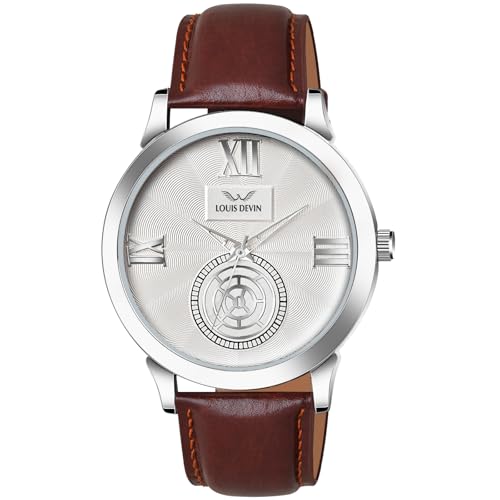 Image of LOUIS DEVIN Black /Blue /Brown /Green Leather Strap Analog Wrist Watch for Men (Black /Blue /Brown /Green /White Dial) | LD-GR079