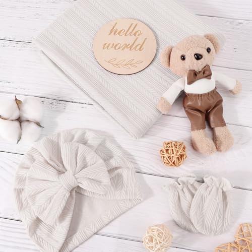Image of AQOKKA Newborn Receiving Blanket with Bow Hat Mittens Wooden Card Set Wheat-Pattern Newborns Toddler Baby Boy Girl Nursery Swaddle Wrap