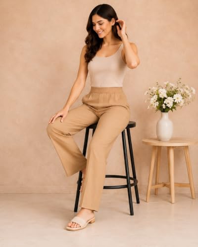 Image of Women's Mid Rise Wide Leg Trousers with Elastic Waist & Pockets