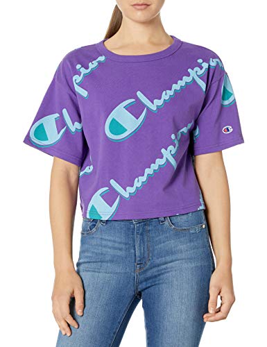 Champion LIFE Women's Cropped TEE-Print, Drop Shadow Script Purple Crush, Medium