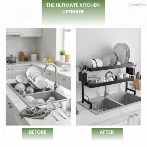 Image of Stainless Steel Over-the-Sink Dish Drying Rack | 2-Tier Space-Saving Bartan Stand | Anti-Rust Utensil Drainer with Cutlery Holder & Tray