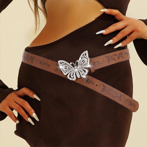 Yalice Brown Western Belt for Women Butterfly Buckle Leather Belt Country Cowboys Cowgirls Belts2