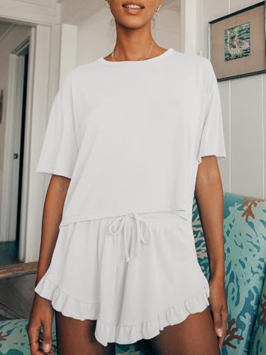 Tankaneo Womens Pajamas Set Lounge Sets Cropped Short Sleeve T Shirts Drawstring Ruffle Shorts Soft Sleepwear2