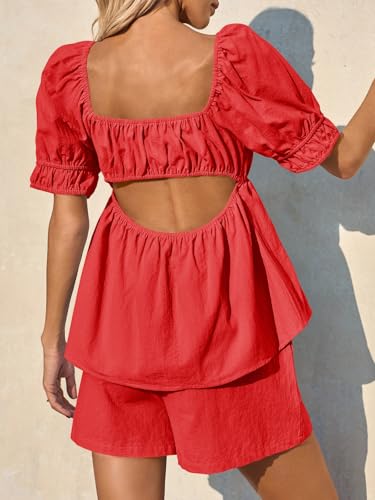 Image of Tankaneo Womens 2 Piece Outfits Summer Square Neck Short Puff Sleeve Babydoll Tops and Shorts Matching Set