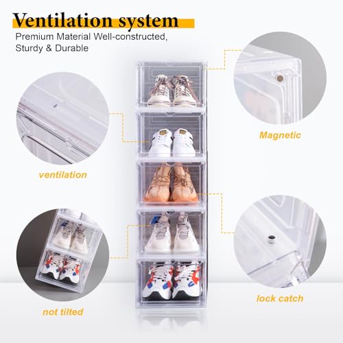 Attelite Shoe Box,Set of 6,Stackable Plastic Clear Shoe Box Organizer with Magnetic Door,Shoe Storage Box Thicken Sturdy,Easy Assembly,Fit up to US Size 12,Black