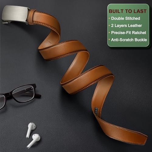 Image of BULLIANT Men Ratchet Leather Belt True-to-size 1 3 /8 inch-Gift Boxed | Smooth Sliding for Micro Fit | Holeless for Dress or Casual