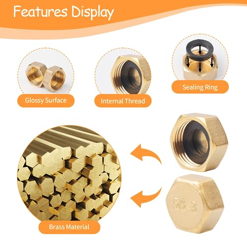 6PCS Brass Blanking Cap 1/2 Inch, Female Stop Cap, Hex Nut Caps, Plumbing Fittings for Washing Machine Radiator Valve Faucets Tap - Image 4