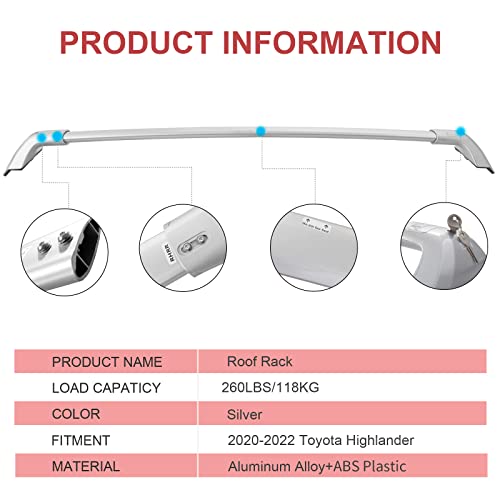 Heavy Duty 260Lbs Lockable Cross Bars Roof Racks For Toyota Highlander Xle Limited Platinum Hybrid 2020-2022, Silver Aluminum Crossbar Anti-Theft Metal Lock Keys Non-Corrosion #TOP6