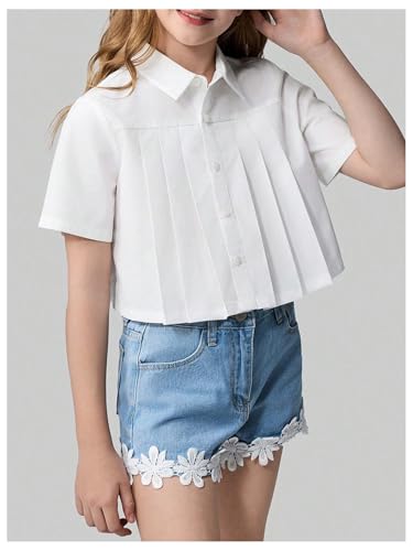 SweatyRocks Girl's Button Down Blouse Collar Short Sleeve Pleated Shirt Summer Tops4