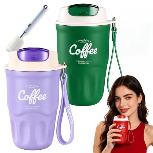 Image of Coffee Vacuum Flask, Portable Coffee Cup with Lid & Handle, Stainless Steel Water Bottle for Home, Office, and Outdoor Use, Insulated Travel Drinkware, Travel Coffee Mugs (2PC-D)