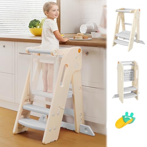 Lernturm ab 1 Jahr Platzsparend und höhenverstellbar Lernturm Klappbar Multifunktional Learning Tower für Küche | Tisch | Bad Mitwachsender tritthocker für Kinder Kippschutz (Creme-weiß)