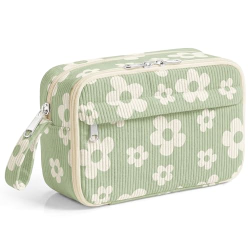 Image of WOBAGMEN Cute Pencil Case,Large Corduroy Zippered Pencil Case Pouch, aesthetic Pencil Bag with Compartments, Pencil Pouch School Supplies (Cute Green Floral)