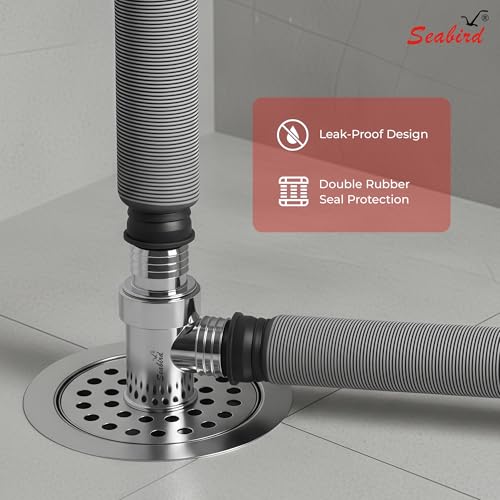 Image of SEABIRD ABS T-Shape Connector with Round Shape SS Grating for Bathroom Drainage, Wash Basin Outlet & Kitchen Waste Pipe | Heavy Duty Rust Resistant Plumbing Fitting
